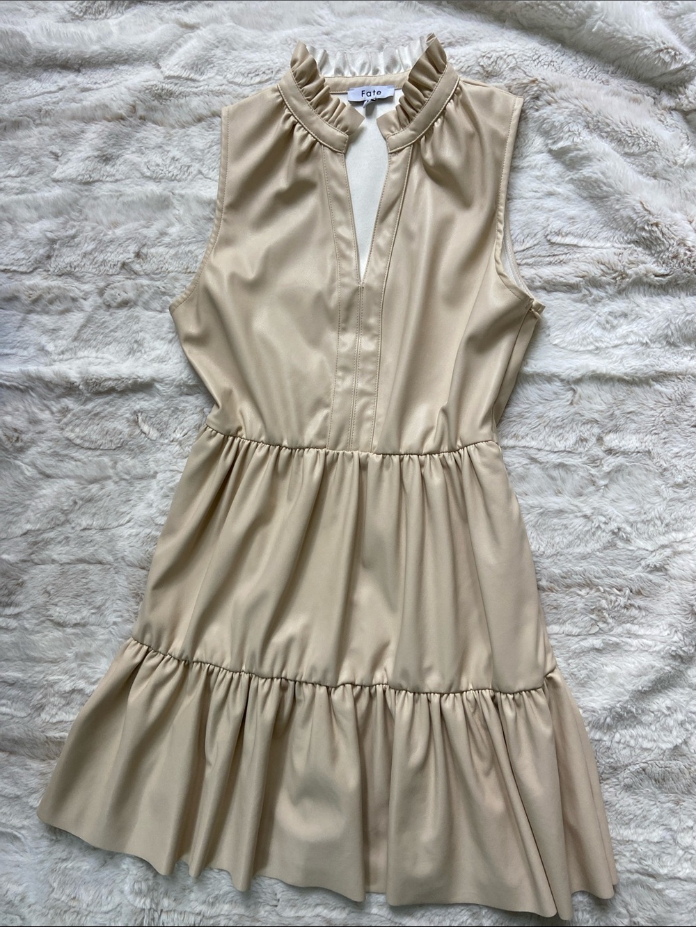 Fate Sleeveless Ruffle-Neck Tiered Mini Dress in Beige